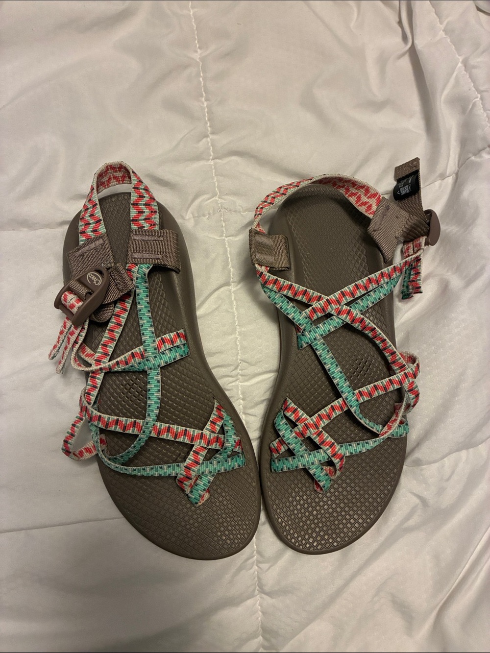 Size 10 Chaco Women's Taupe Sandals with Mint and Coral Straps